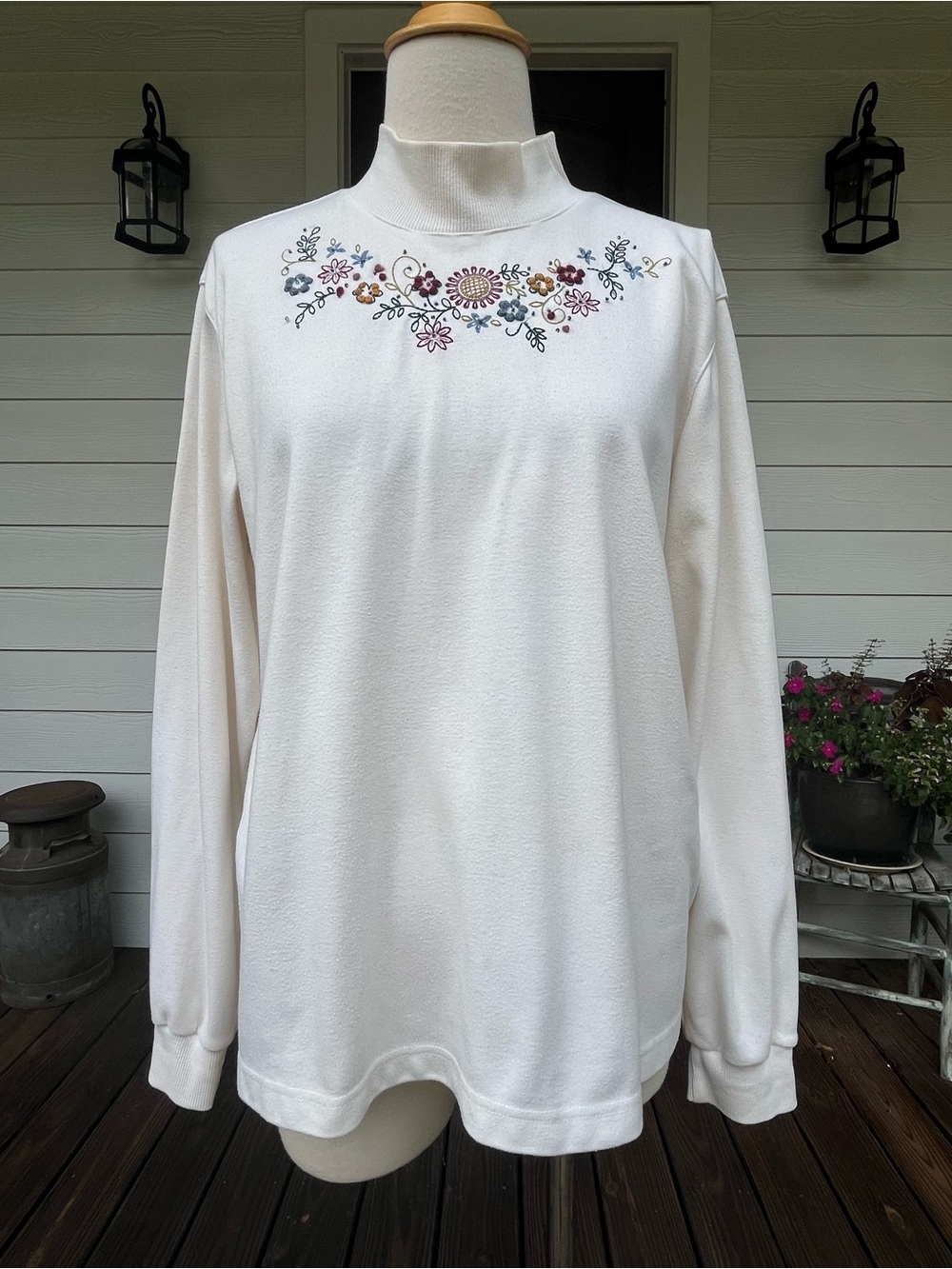 Embroidered Cream Mock Neck Long-Sleeve Top
